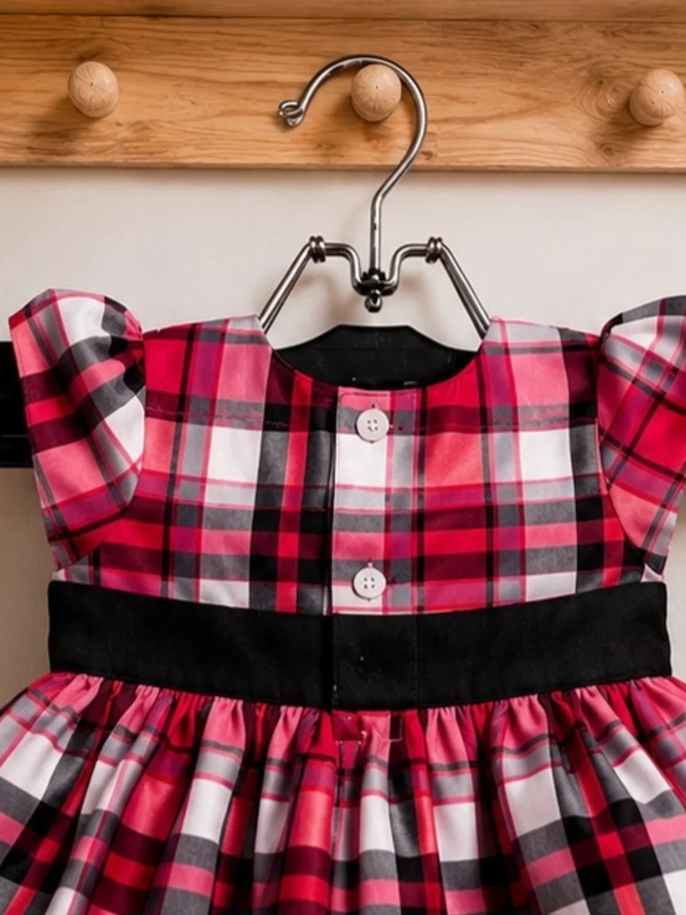 Carter's red, black, and white plaid holiday dress features a black satin waist